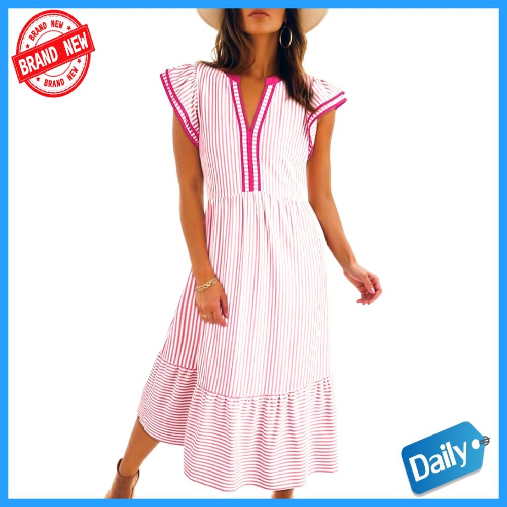 V-Neck Ruffle Cap Sleeve Empire Waist Flowy Midi Maxi Dress With Pockets
